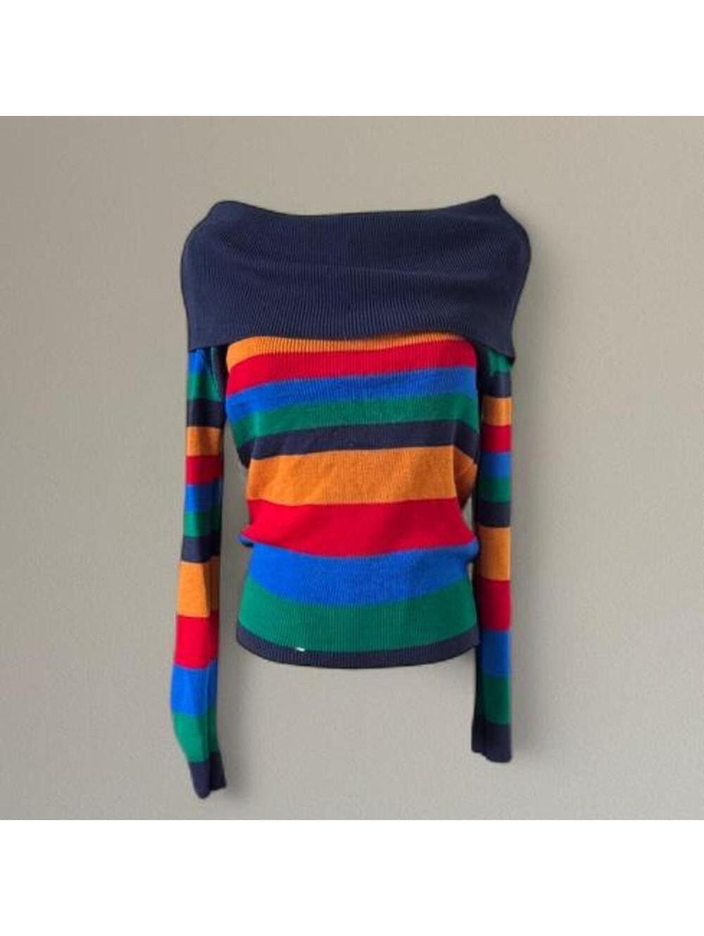 Vintage rainbow striped off-the-shoulder sweater.